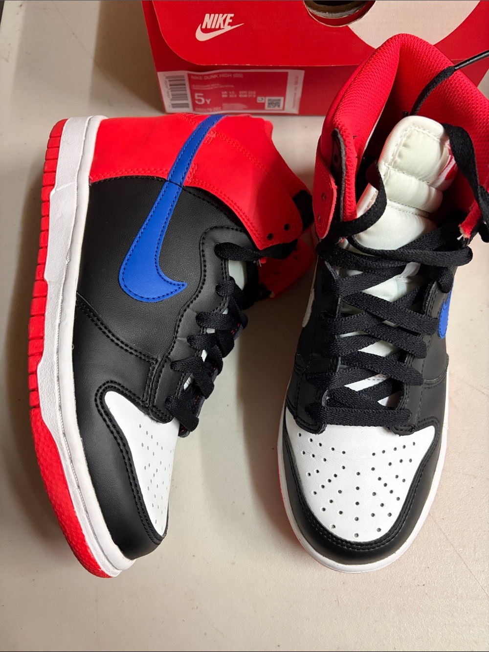 Nike High-Top Dunks Sneakers in Red, Black, White & Blue Swoosh